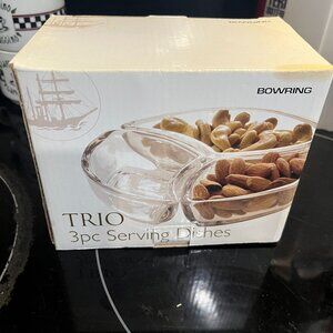 Vintage Bowring 3 Piece Trio Serving Dishes Clear Glass Never Used Original Box